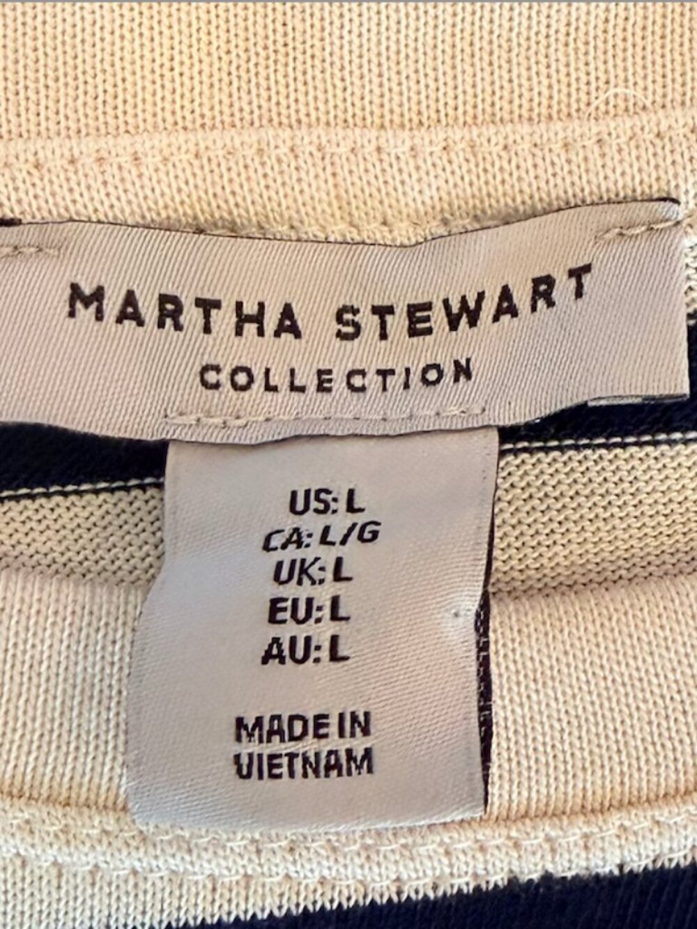 Martha Stewart Collection Navy Ivory Striped Crew Neck Top Size L - Picture 4 of 5